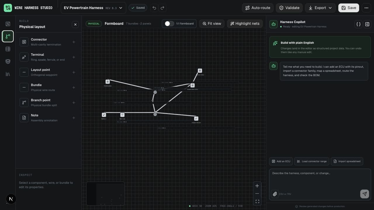 Wire Harness Studio physical formboard view with bundle branches, dimensions, and the integrated copilot