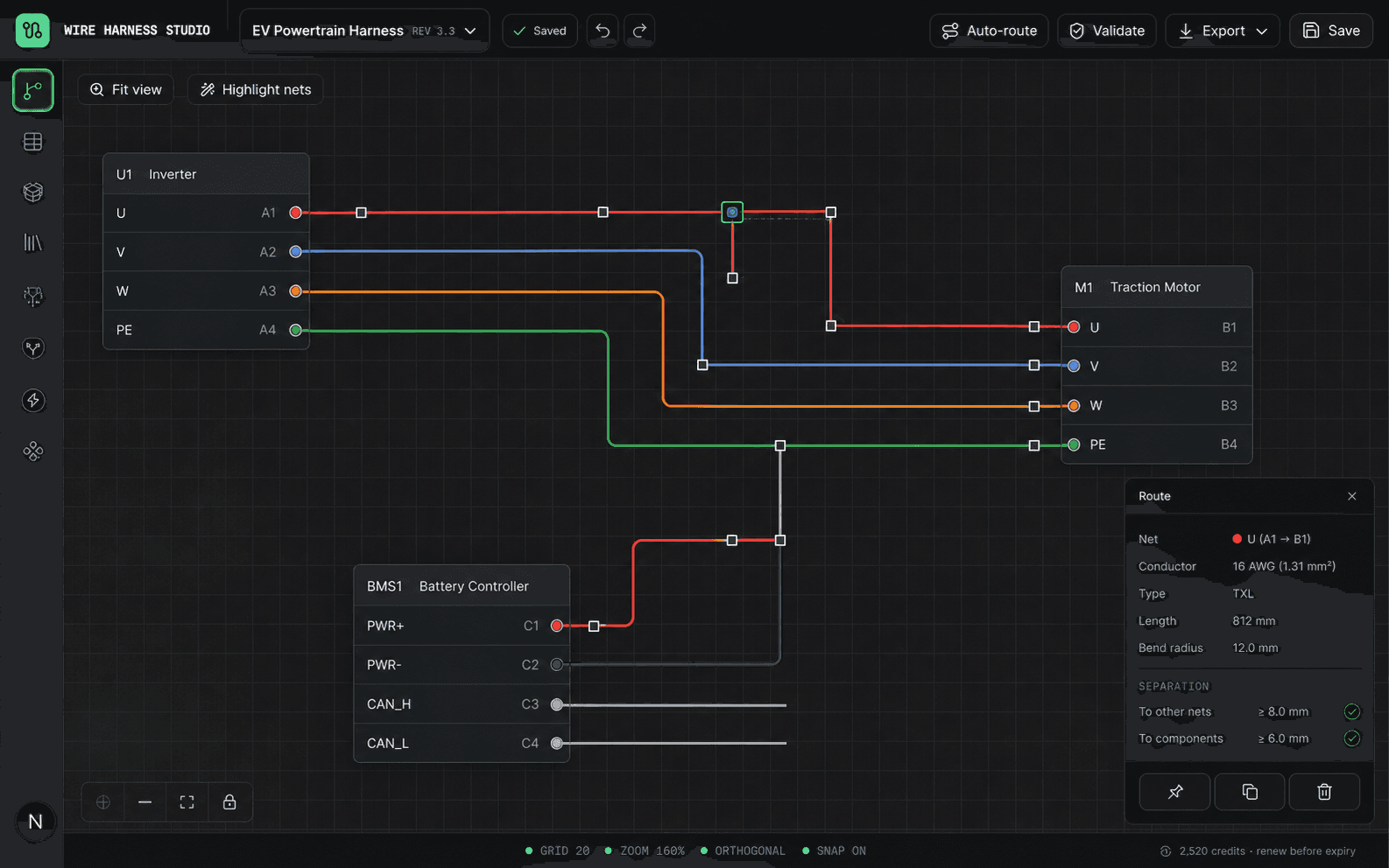 Selected orthogonal conductor routes with editable waypoints in Wire Harness Studio